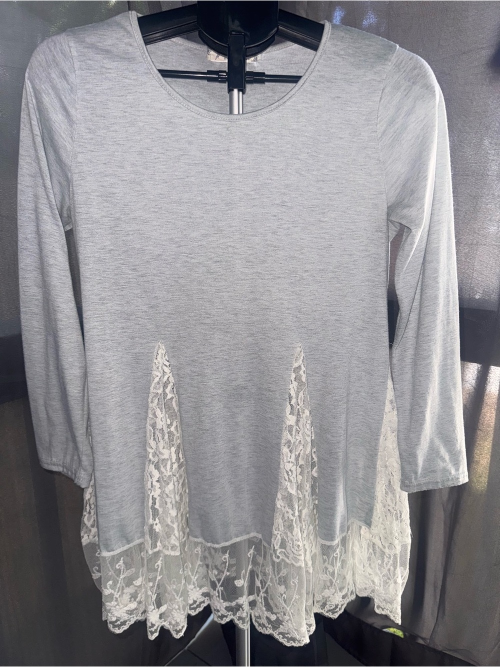 Blue Enchantress Gray Long Sleeve Lace Hem Tunics/Top